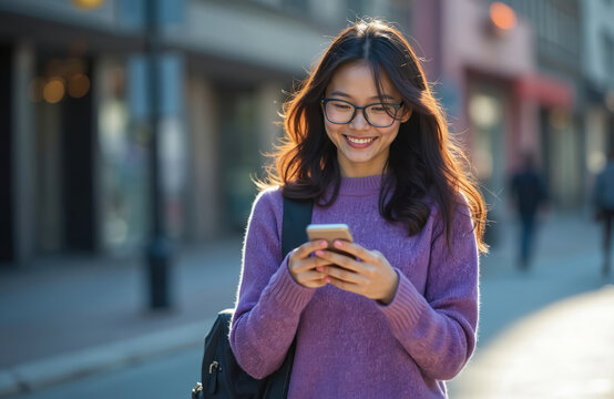 Smiling Asian woman walks city street, using mobile phone. Wears glasses, purple sweater, black backpack. Happy young girl enjoys online communication outdoors, urban setting. Student connects with
