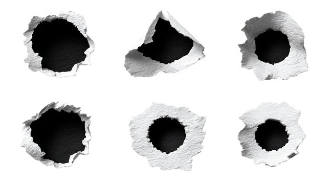 Six Bullet Holes Torn Paper Set on Transparent Background, PNG
