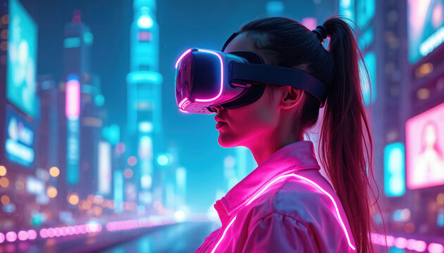 Futuristic woman immersed in virtual reality. Neon city backdrop highlights immersive digital experience. Glowing VR headset reflects vibrant lights, technological advancement, future entertainment.