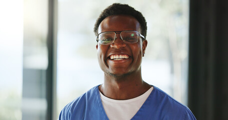 Happy, black man and nurse with portrait at house with career pride, medical service and support....