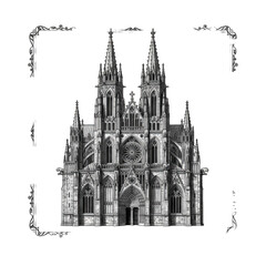Fototapeta premium Detailed Architectural Drawing of a Gothic Cathedral Facade with Intricate Spires and Arches on a Black Background