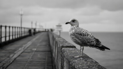 Seagull perched on a stone railing overlooking the ocean at a coastal pier during a cloudy day in October