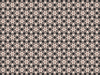A repeating pattern features geometric shapes in black, beige, and pink.