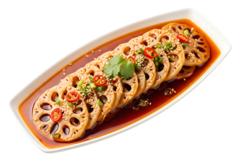 Deliciously prepared sliced lotus root dish in a savory sauce with chili and herbs isolated on transparent background