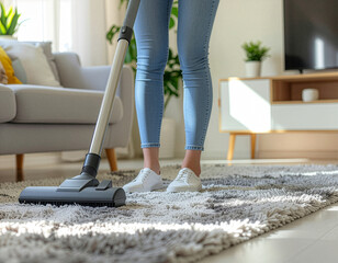 Vacuuming living room carpet with sunlight