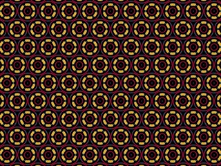 A geometric pattern features layered circles in red, gold, and black.