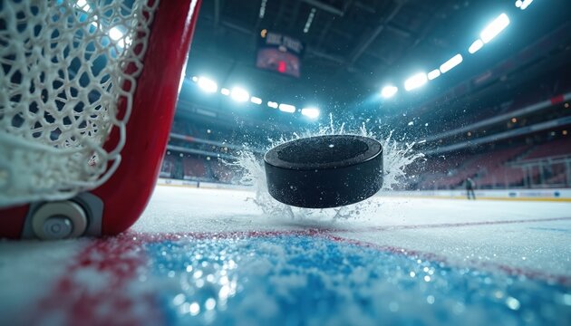 Black hockey puck hits ice rink surface near red goal net. Puck splashes water and ice shards on frozen hockey field. Indoor ice hockey arena with bright lights and scoreboard.