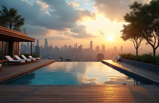 Rooftop pool with city skyline view at sunset. Modern building with deck, lounge chairs. Palm trees, urban landscape in background. Sun sets behind clouds, reflecting off pool water. Serene - Powered by Adobe
