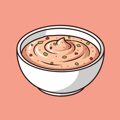 A cartoon illustration of a creamy pink sauce or dip in a white bowl, garnished with red and green specks, on a solid background.