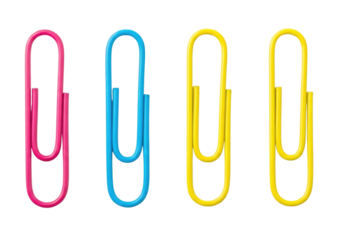 Four colorful paperclips on a black background transparent background cutout png