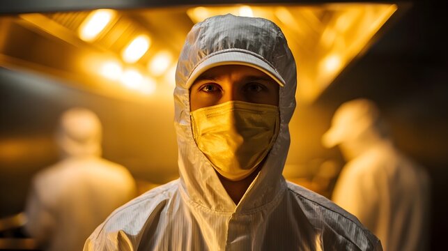 A focused scientist in protective gear and mask stands in a brightly lit sterile environment