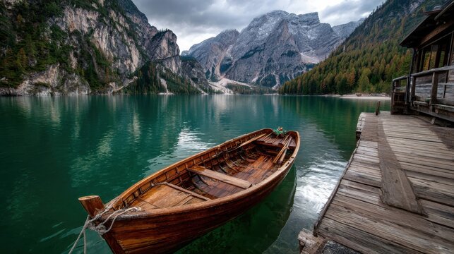 Scenic view of a wooden boat docking by a tranquil green lake surrounded by mountains and forest in Italy during the day