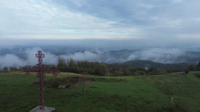 
Drone footage from the village of Strmna Gora, view of Valjevo covered with fog