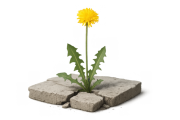 Dandelion growing through concrete crack, symbolizing growth, resilience, strength and hope, transparent background
