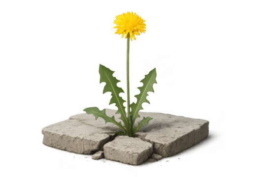 Dandelion growing through concrete crack, symbolizing growth, resilience, strength and hope, transparent background