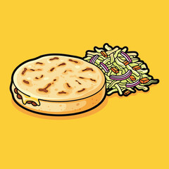 A cartoon illustration of a golden-brown pupusa filled with cheese, served alongside a pile of curtido, all on a vibrant yellow background.