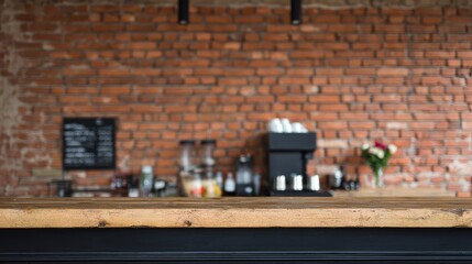 counter. Empty cafe interior with a wooden counter and red brick wall, bathed in soft natural daylight. lifestyle magazines, social media lookbooks, designed for influencer and brand collaborations.