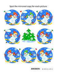 Winter visual logic puzzle with skiing snowmen. Can you find the mirrored copy for each picture? Answer included.
