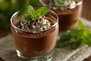 Chocolate Mousse Dessert with Whipped Cream and Mint Garnish in a Glass sweet food