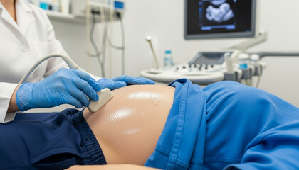 A pregnant woman lying on an examination table during an ultrasound scan, doctor hands holding the scanner. Medical equipment is visible. Ideal for maternity care, healthcare, and prenatal services