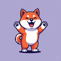 Cute cartoon Shiba Inu dog with a happy expression, standing and waving its paws on a purple background.