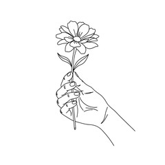 Line art of a hand holding a single flower isolated on white background