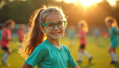 Young girl with green glasses plays soccer with her team on a sunny field. She smiles as teammates train during a vibrant sports practice session.