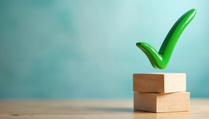 Green check mark rests on wooden blocks signifying success and approval. Represents task completion, positive results, and verified outcomes on a soft blue background.