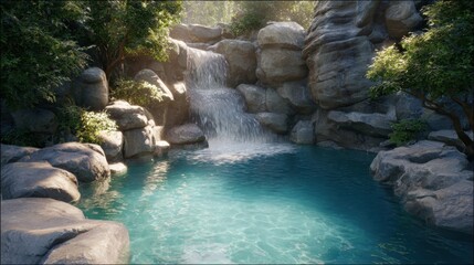 Waterfall cascading into a serene blue pool surrounded by lush greenery and rocky formations in a tranquil nature setting
