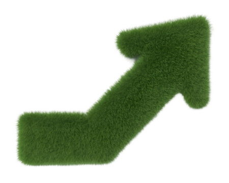 A vibrant green arrow made of grass points upwards against a black background