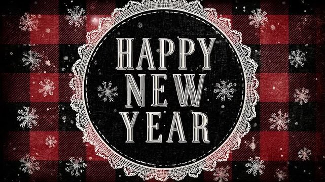 Vintage Happy New Year inscription in decorative frame on red and black buffalo plaid background with falling snowflakes, festive greeting card animation concept.