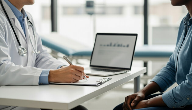 Doctor writing medical notes at a desk while a dark-skinned patient sits across, faces out of frame, highlighting professional healthcare consultation and patient care documentation. High quality - Powered by Adobe