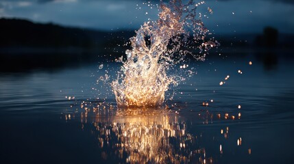 Splashing water creates beautiful patterns during dusk over a serene lake reflecting shimmering light