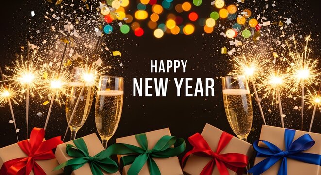 New year celebration with champagne sparklers and gifts