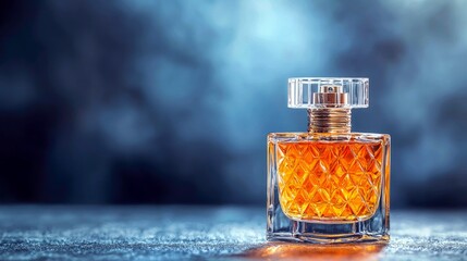 A close-up studio shot of a square glass perfume bottle filled with amber-colored liquid, featuring a textured glass design and a clear cap.