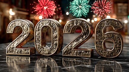 Golden 2026 numerals with fireworks in the background, celebrating a new year.