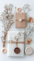 Two beautifully wrapped gifts, one in beige and one in white, adorned with delicate dried flowers, twine, and wax seals, arranged with small decorative items.
