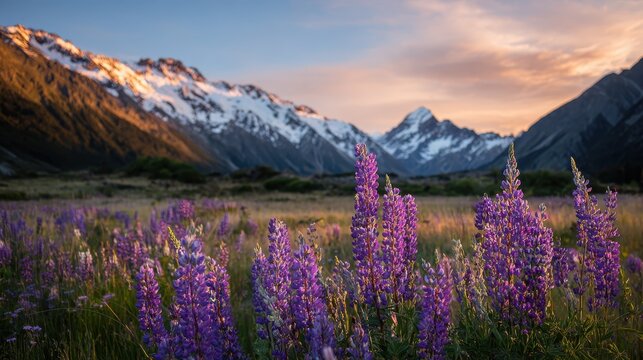 Beautiful purple flowers bloom in a valley surrounded by snow-capped mountains during sunset in New Zealand’s landscape