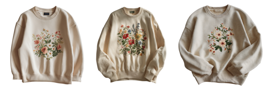 Three beige sweatshirts with floral prints isolated on transparent background clothing apparel design elements wardrobe staples casual garments botanical design modern style apparel