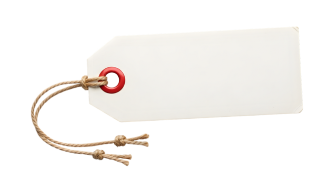 Blank white paper tag with red grommet and twine string, isolated on transparent background