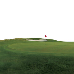 A solitary golf flag stands on a green hill against a dark backdrop