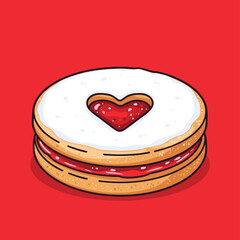 A cartoon illustration of a Jammie Dodger-style biscuit with a heart-shaped cut-out filled with red jam, topped with white icing, on a vibrant red background.