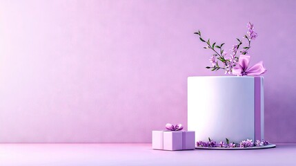 A white cake adorned with a purple ribbon and delicate purple flowers sits beside a small gift box, set against a pastel pink backdrop.