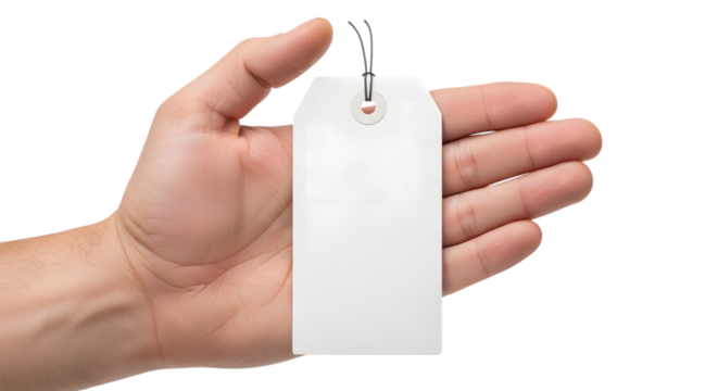 A hand holding a blank white tag isolated on transparent background