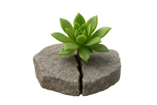 Green succulent plant pushing through a split rock, showing growth, power, and new beginnings against a transparent background