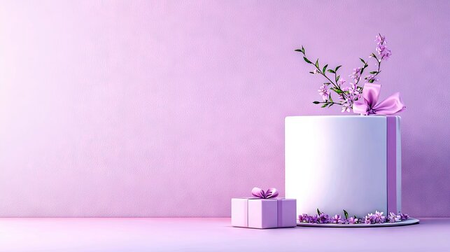 A white cake adorned with a purple ribbon and delicate purple flowers sits beside a small gift box, set against a pastel pink backdrop.