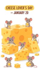 Cheese lovers day celebration with cute mice and cheese isolated on white background