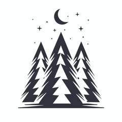 Obraz premium Three monochrome fir trees stand underneath a moon and stars in simple form