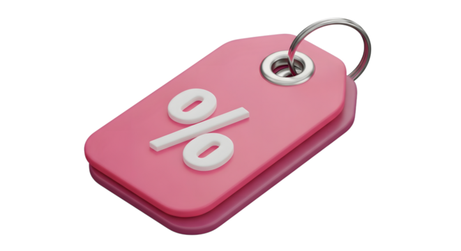 Pink tag with percentage symbol isolated on transparent background