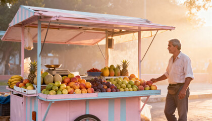 Obraz premium Vendor behind stall steps to sidePosition ChangeMorning sunSoft pastelFruits